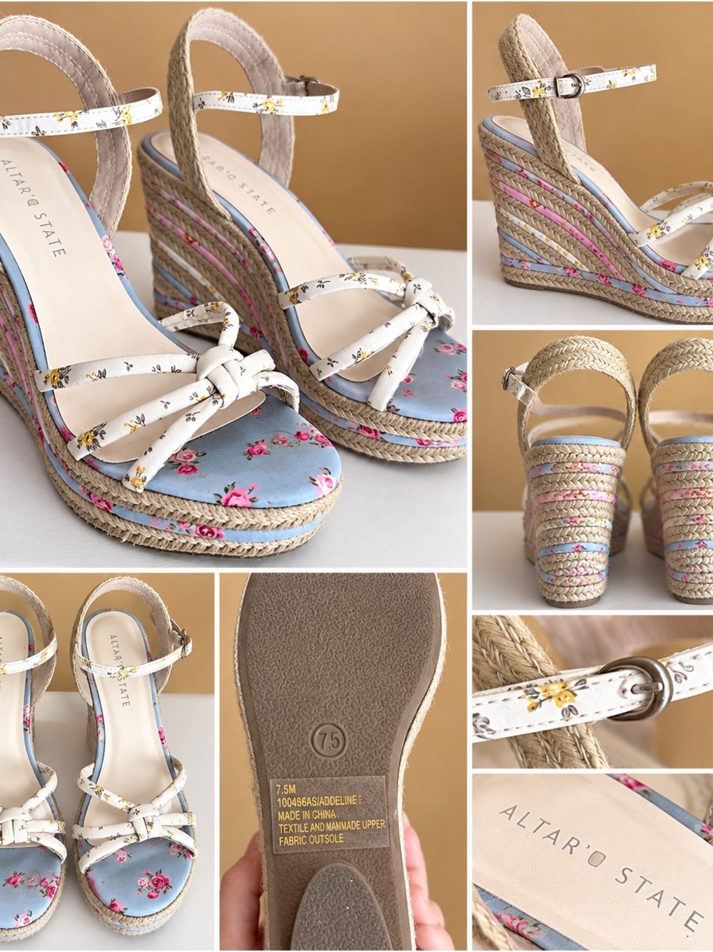 Altar'd State Blue Floral Espadrille Wedge Sandals with White Straps